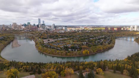 autumn over edmonton: drone view reveals the bend in the river valley with the high rise buildings downtown edmonton