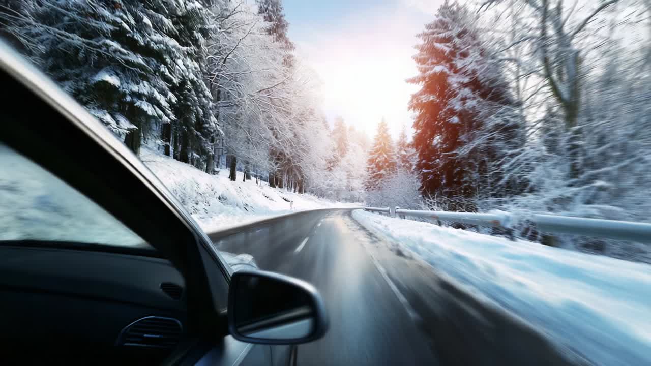 Captivating Drive Through a Winter Wonderland: Experience the Thrill of Speed on a Snow-Covered Road Surrounded by Frosty Trees Under a Brightening Sky