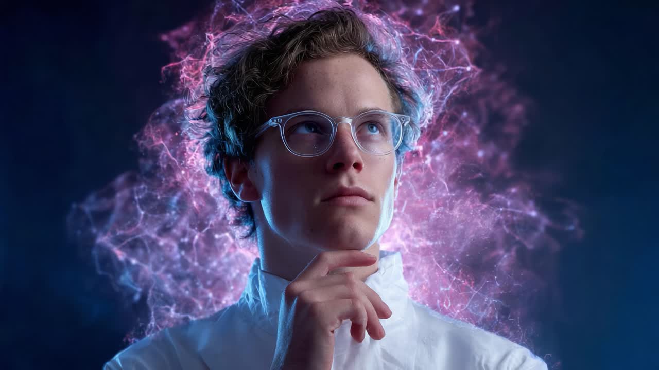 A Pensive Young Scholar in a Glowing Ethereal Background, Contemplating Ideas While Surrounded by a Cosmic Light Display and Vibrant Energy Patterns