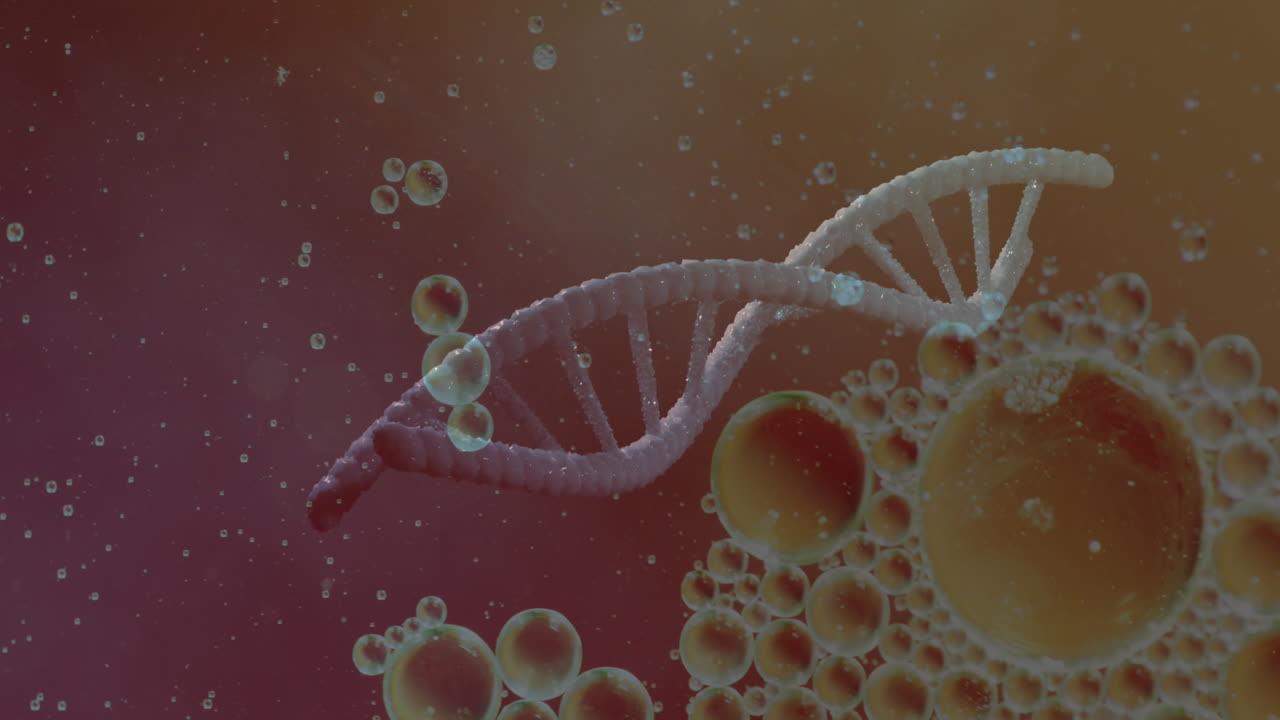 animación de burbujas sobre cadena de adn y fórmula química en fondo púrpura.