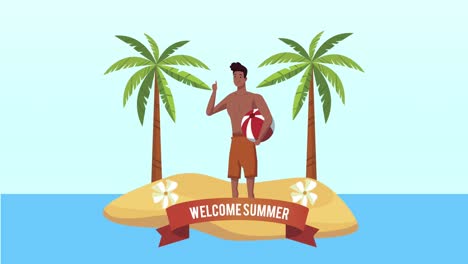 escena de playa de verano con un hombre con un globo