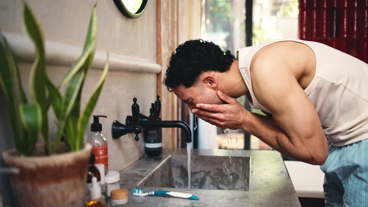 Man Washing His Face in a Modern Bathroom Sink