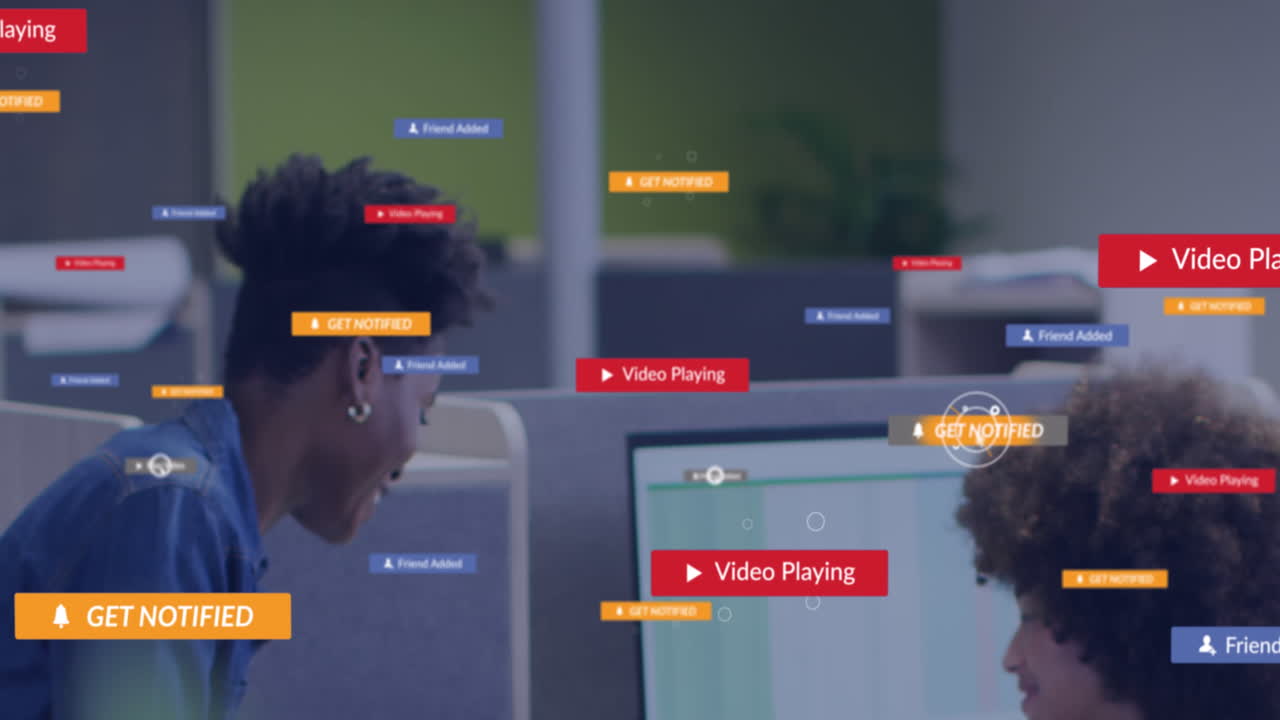 Animation of social media icons floating against two african american women discussing at office