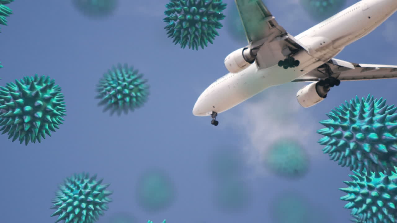 animación de células de macro coronavirus covid-19 que se propagan sobre un avión a reacción que vuela en el cielo.