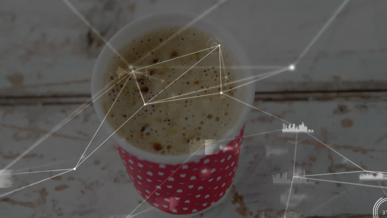 Red polka-dotted coffee cup featuring glowing network nodes and moving bar graphs flat design
