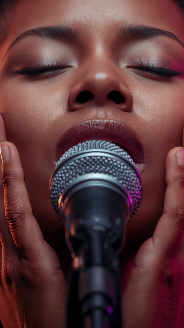 Vertical video: Singing woman cupping face, holding note in studio, recording into handheld mic
