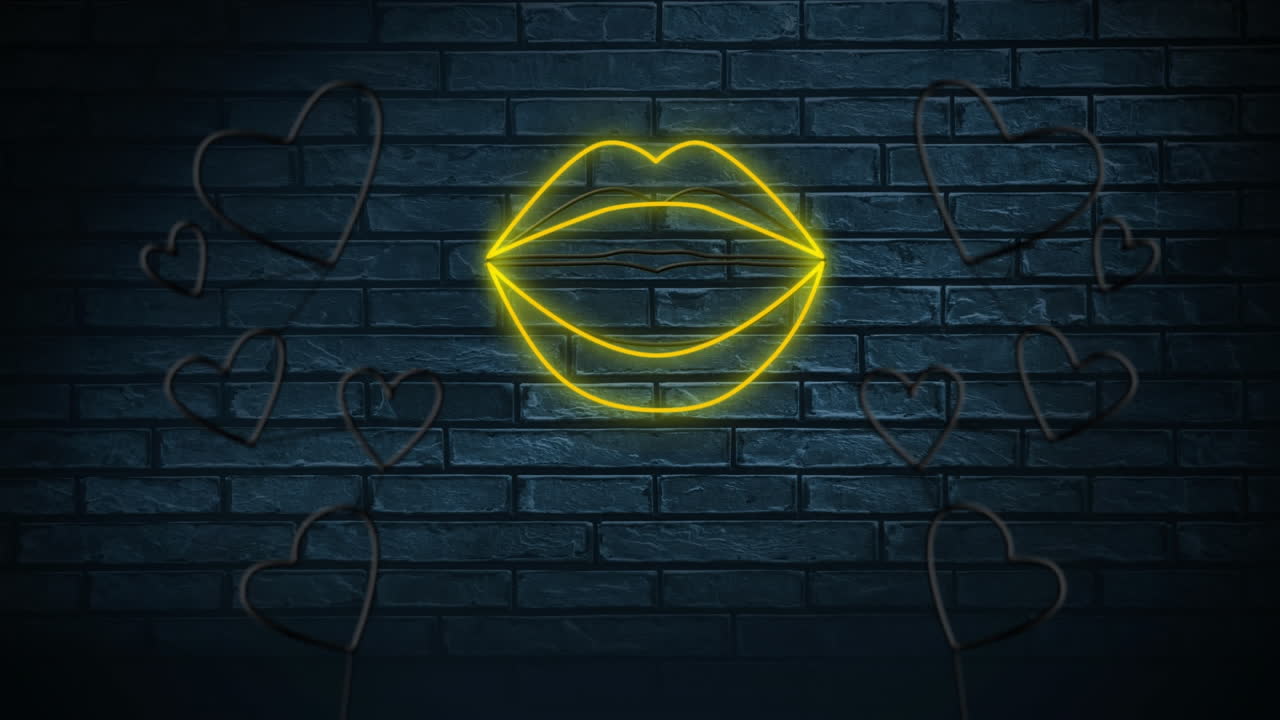 Neon sign showing lips and hearts