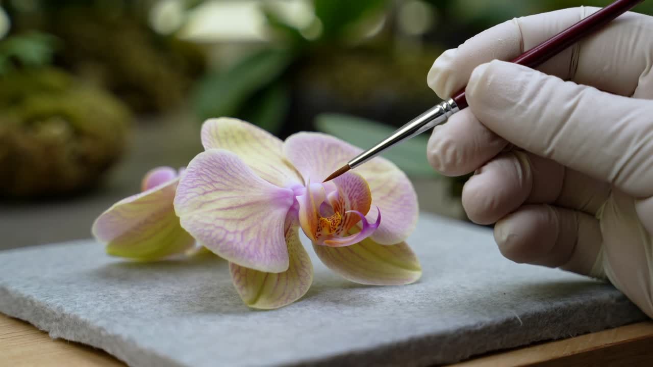 Ruka v bílé rukavici přejíždí po pysku orchideje na desce přesazovacího stolu pro kontrolu, s červeným štětcem.