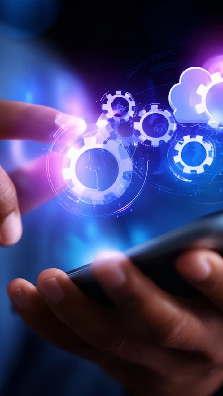 A person interacts with a mobile device, showcasing digital gears and cloud technology symbols, emphasizing the integration of innovation and connectivity in the modern world