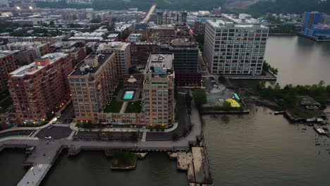 aerial view away from riverside apartments of hoboken, in cloudy new jersey