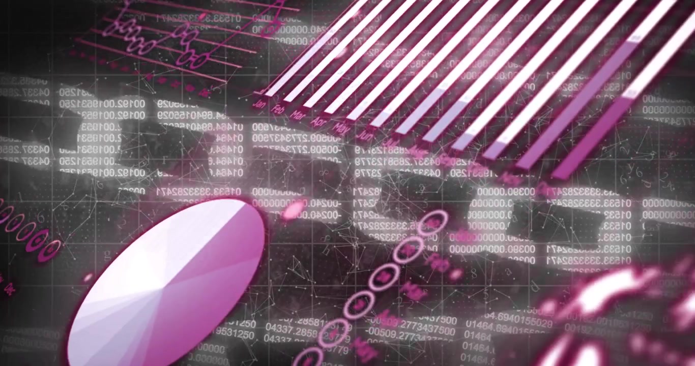Infographic animating on pink stripes entering top, sweeping, pie wedge detaching, showing trends
