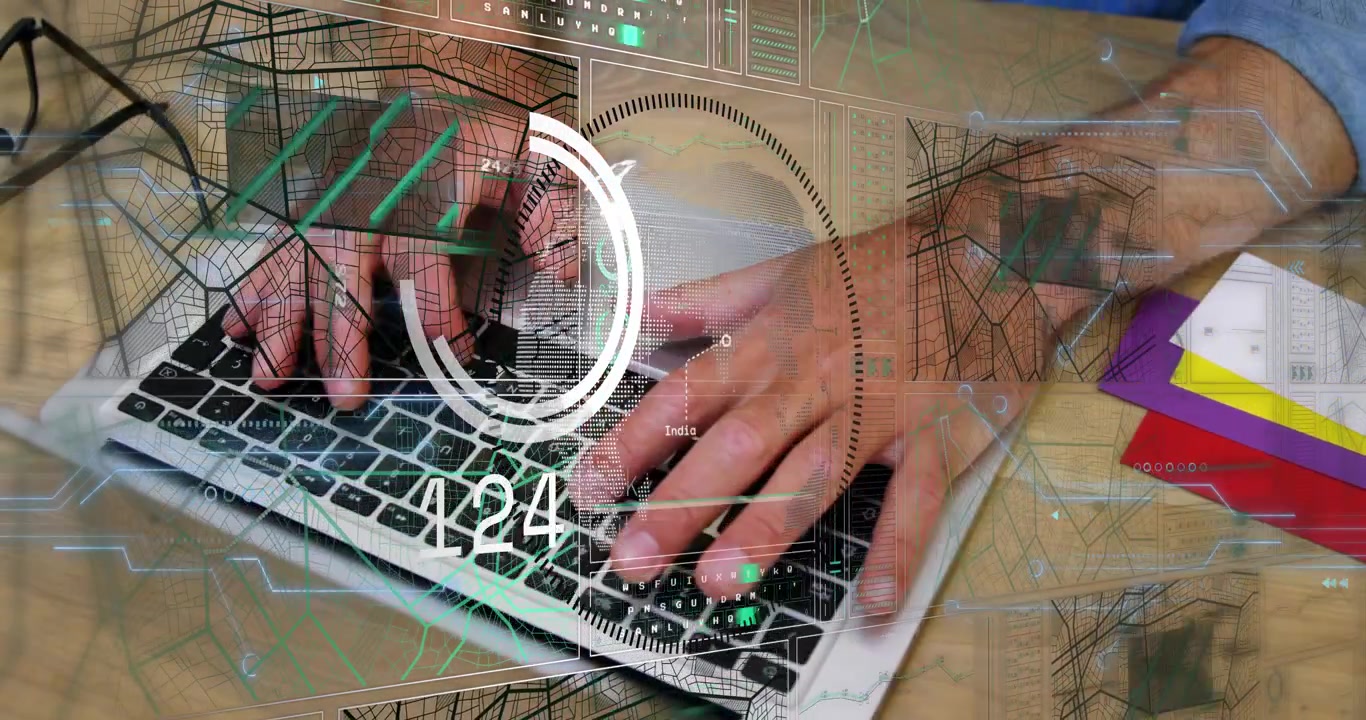 HUD che appare, mani che digitano sul laptop, indicatore di progresso che gira, contatori che si aggiornano monitorando l'attività