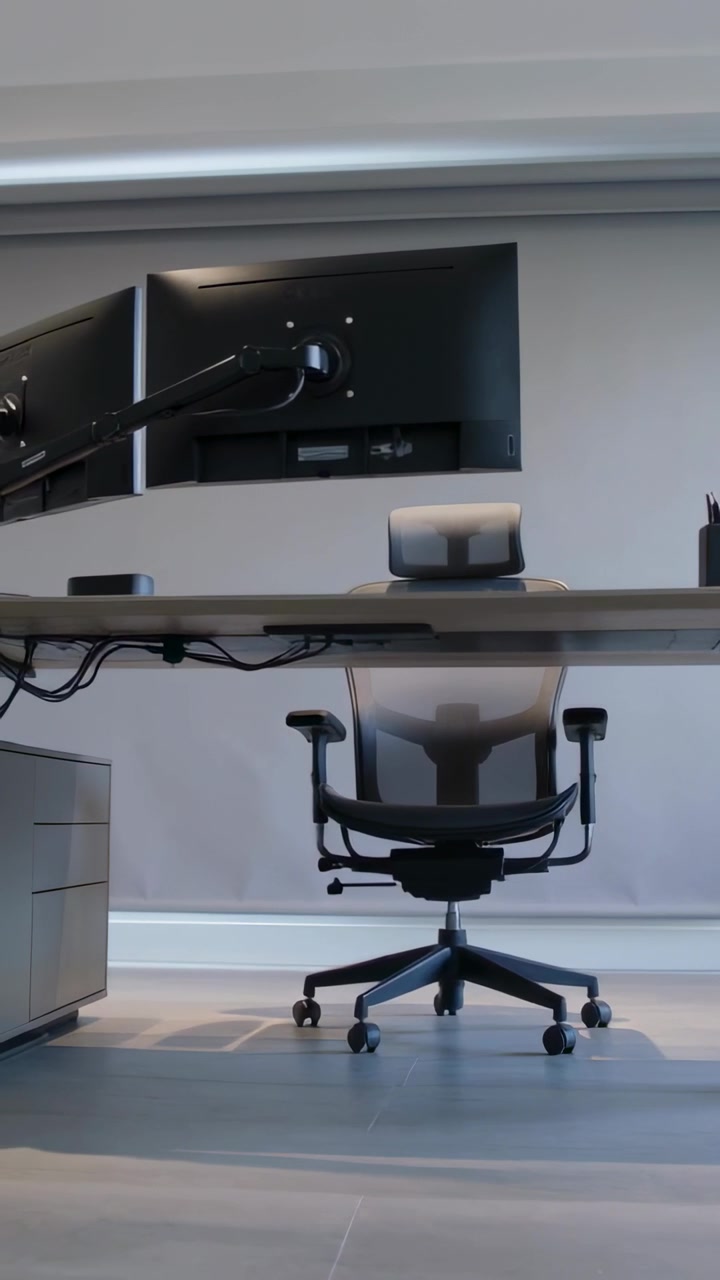Video vertical: Cámara panorámica mostrando una silla ergonómica en un escritorio, revelando un brazo de monitor y cables.