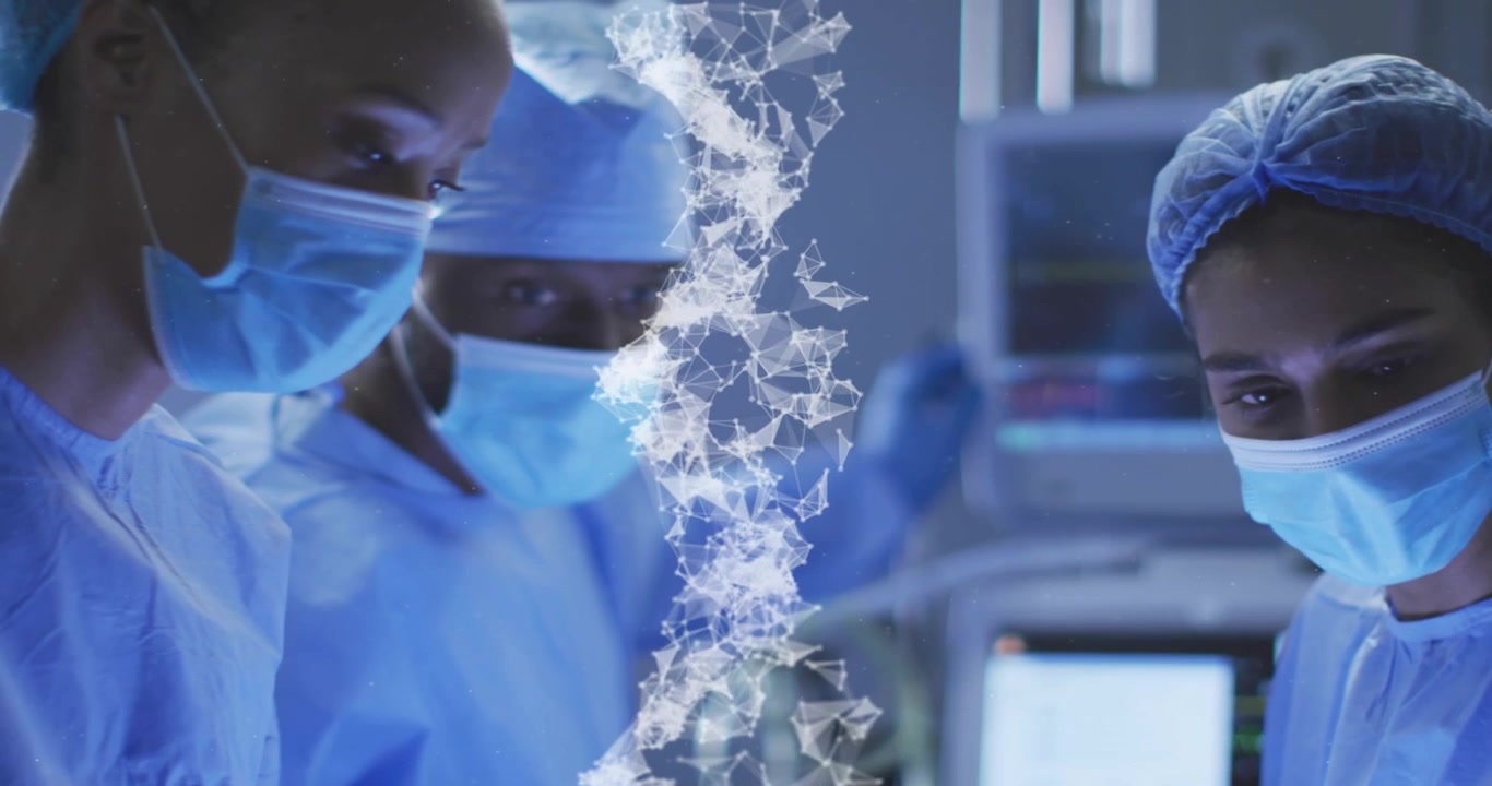 Lead surgeon leaning over OR table with network materializing among surgeons adjusting instruments