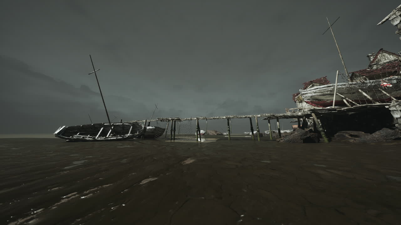 Abandoned boat on a broken pier under a dark cloudy sky at dusk