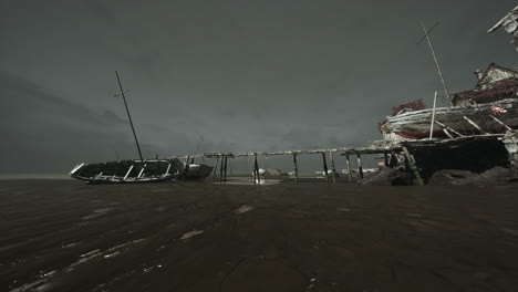 abandoned boat on a broken pier under a dark cloudy sky at dusk