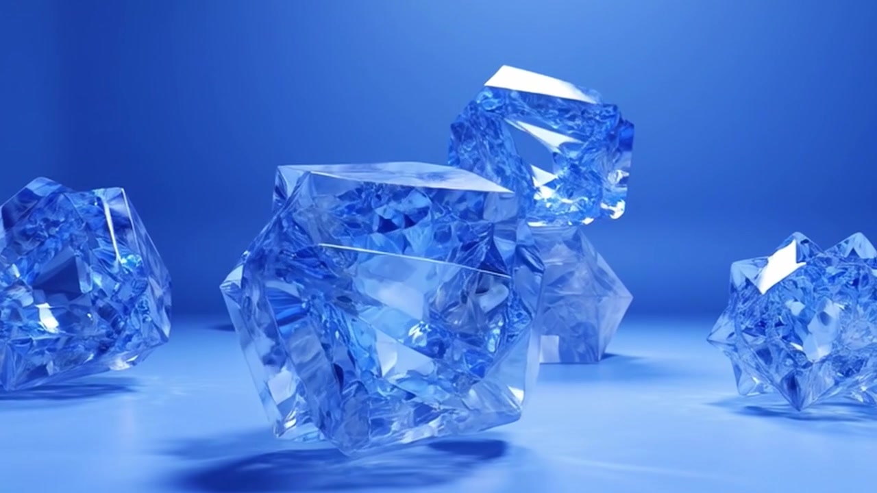 Forme geometriche di cristallo blu rotanti su una superficie riflettente