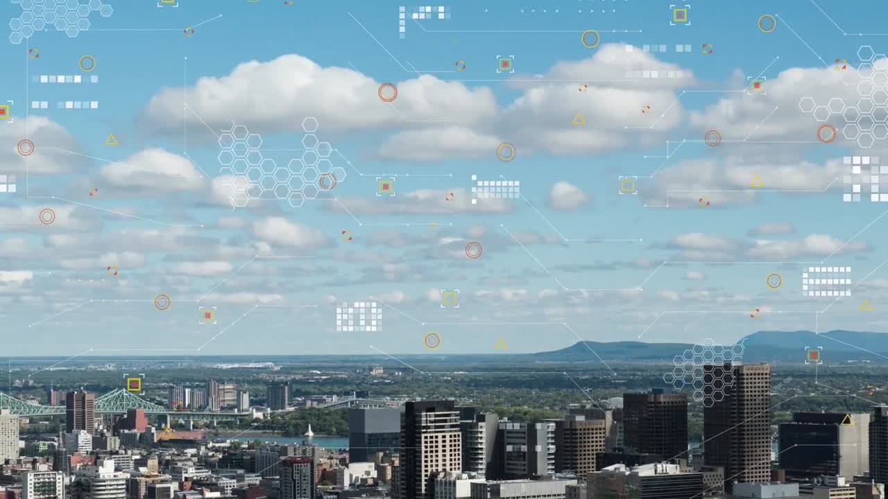 도시 풍경 위의 데이터 처리 애니메이션