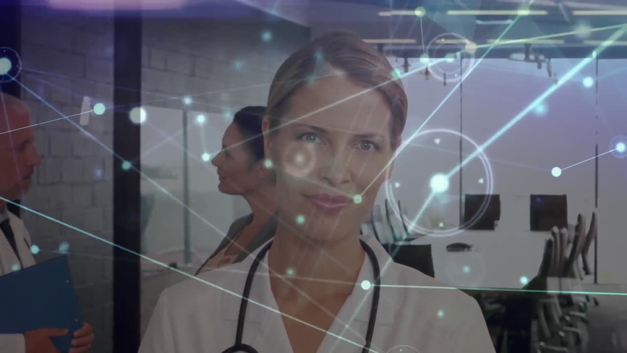 Animazione di rete di connessioni su dottoressa caucasica