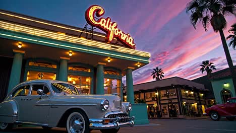 vintage car in front of california restaurant at sunset