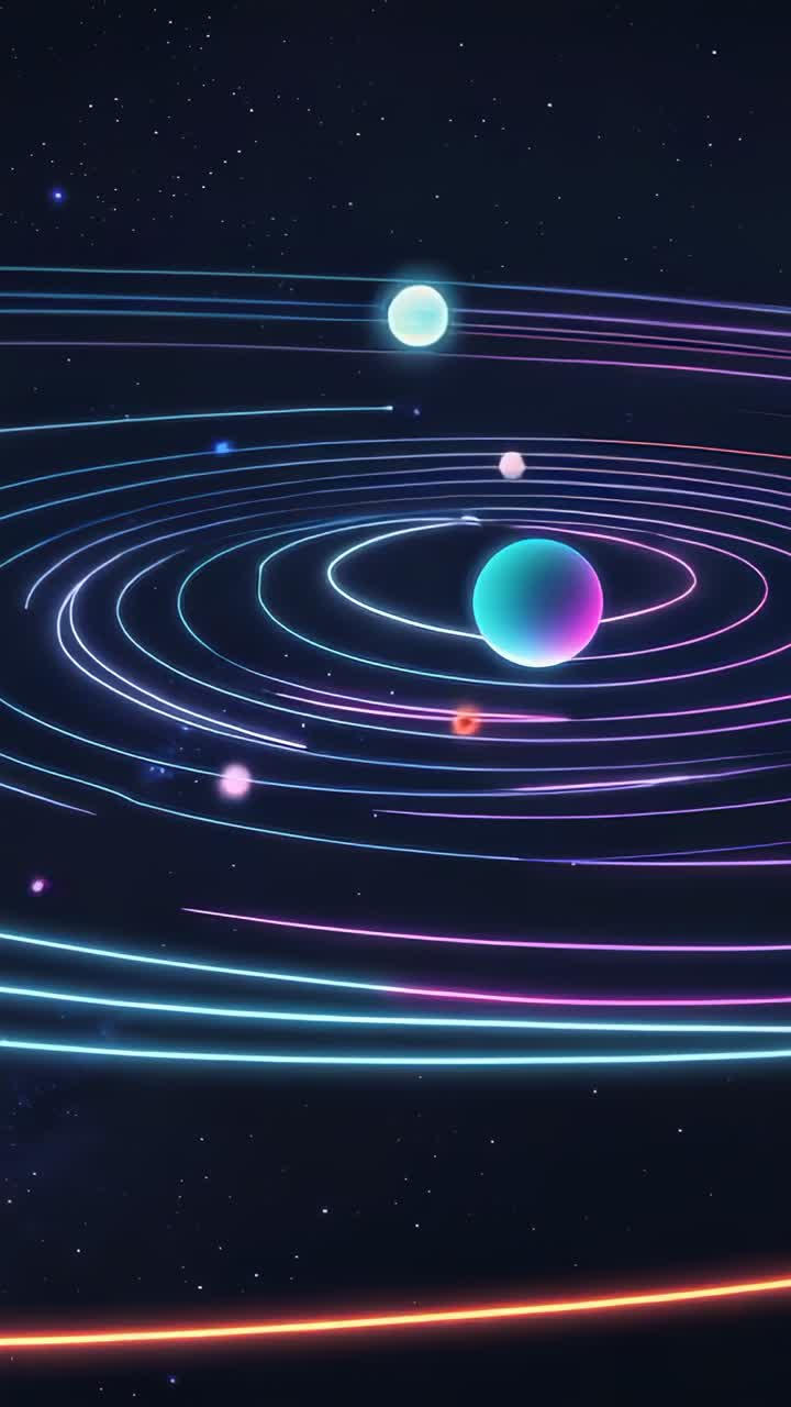 Vertical video: Entering small orbs circling teal planet in space, glowing neon rings shifting hues