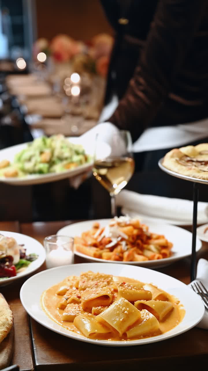 Dinner scene with pasta dishes and wine in a restaurant setting. Pasta plates and a glass of wine are on a table in a busy restaurant during the evening