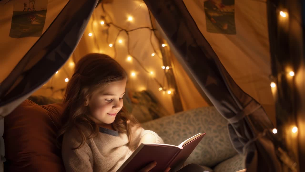 Smiling child enjoying a book inside her cozy tent illuminated by warm fairy lights, creating a magical and comforting atmosphere for bedtime reading