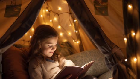 smiling child enjoying a book inside her cozy tent illuminated by warm fairy lights, creating a magical and comforting atmosphere for bedtime reading