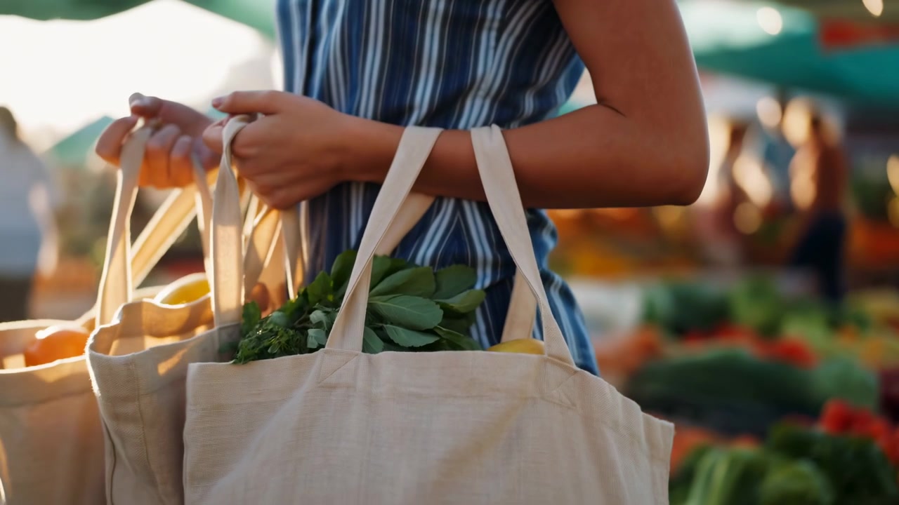 Vista parcial de uma mulher em um vestido listrado carregando sacolas de lona reutilizáveis cheias de produtos frescos em um mercado ao ar livre ensolarado, com luz natural quente e um.