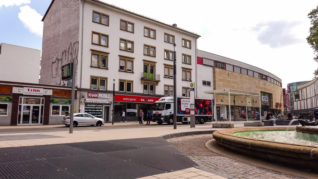 Panning Time-lapse of Public Transportation and Downtown Street View in Kaiserslautern, Germany