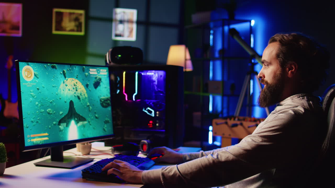 집에 도착하는 사람, 게임 세션을 시작, 레벨을 완료하기 위해 적의 우주선을 파괴