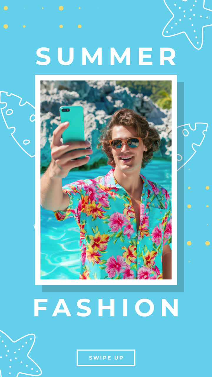 Summer Fashion: Man in Tropical Shirt Taking a Selfie