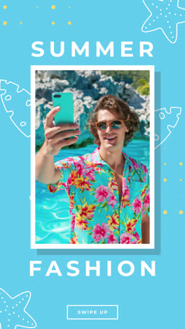 summer fashion: man in tropical shirt taking a selfie