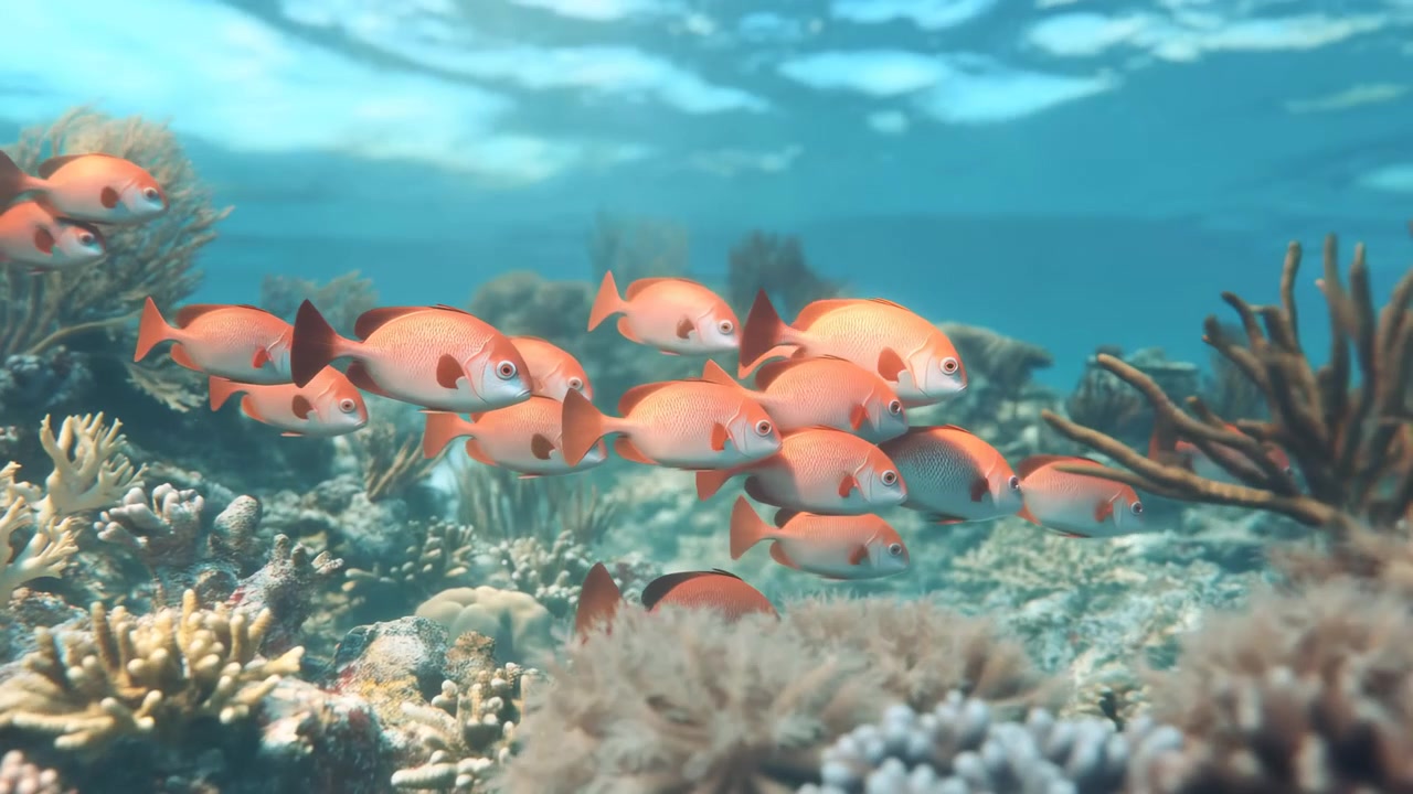 Arrecife de coral tropical con un banco de peces naranjas deslizándose sobre el lecho marino, rayos de sol filtrándose.