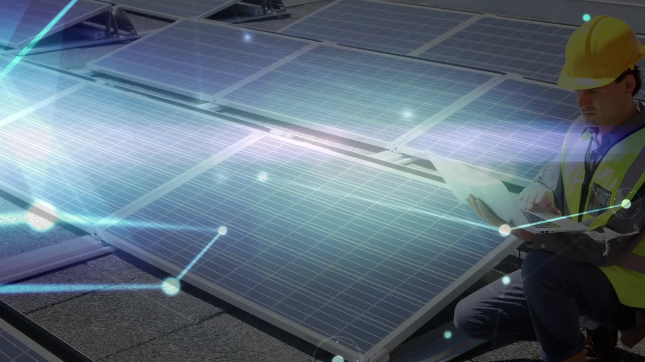 태양 전지 패널과 백인 남성 엔지니어에 대한 연결 네트워크의 애니메이션