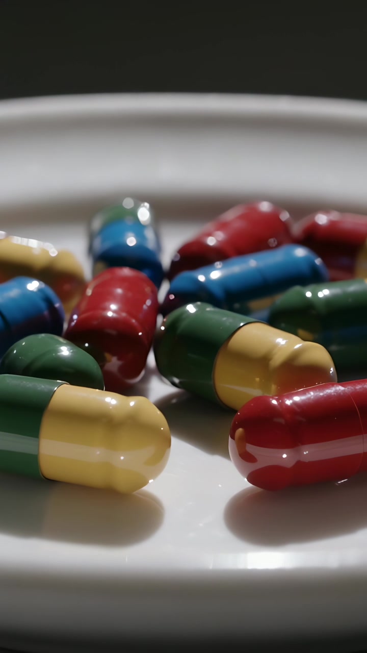 Vertical video: Shifting camera capturing glossy two-toned capsules on white plate, showing shine