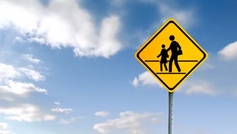 Animation-of-road-sign-and-clouds-on-blue-background