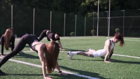 fitness enthusiasts engaged in dynamic stretches under the warm sun on a vibrant turf field outside fitness enthusiasts engaged in dynamic stretches under the warm sun on a vibrant turf field outside