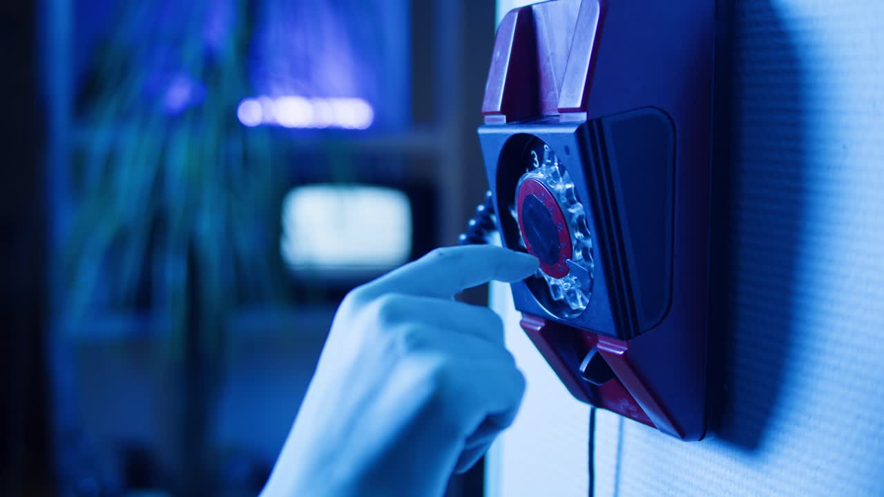 Retro vintage phone, red rotary telephone is displayed on a wooden desk, adding a nostalgic touch
