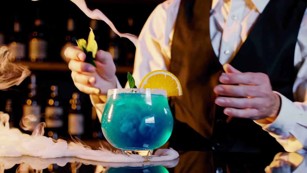 Bartender Making a Blue Cocktail with Smoke