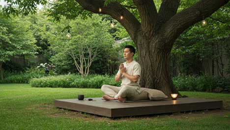 peaceful meditation under a spreading tree: a man engages in mindfulness practice surrounded by nature and tranquility, finding inner calm in the outdoors