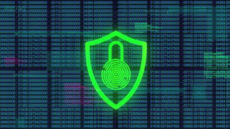 Animation of security padlock and shield icon against data processing on black background