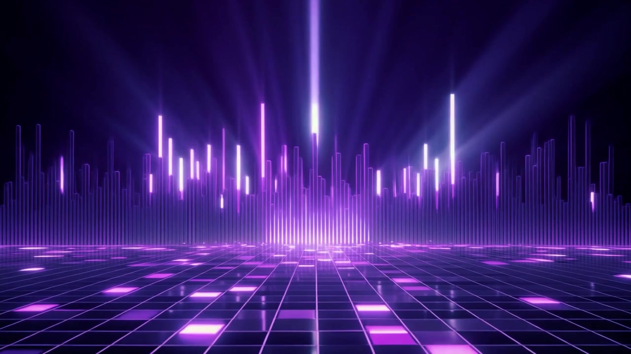 Abstract Purple Neon Music Visualizer with Glowing Grid Floor