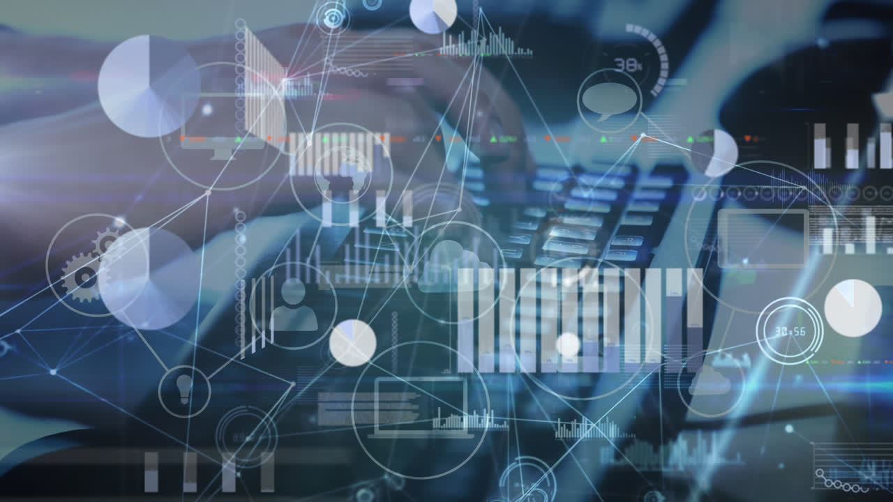 animazione dell'elaborazione dei dati e della rete di connessioni tramite le mani, digitazione sulla tastiera