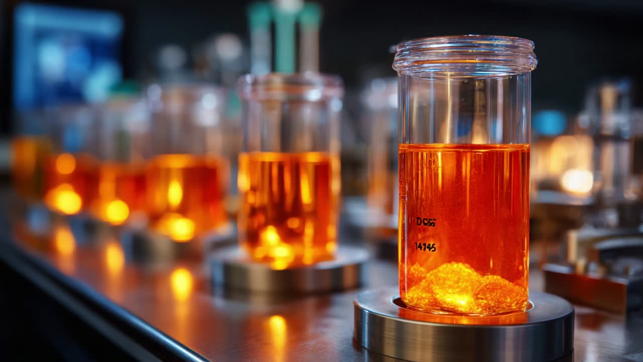 Investigating Chemical Solutions: A Close-Up Look at Vials of Vibrant Orange Liquid in an Advanced Laboratory Setting, Showcasing the Intricacies of Scientific Experimentation and Research Progress