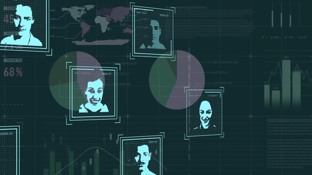 Animation of social media users, graphs and financial data on black background