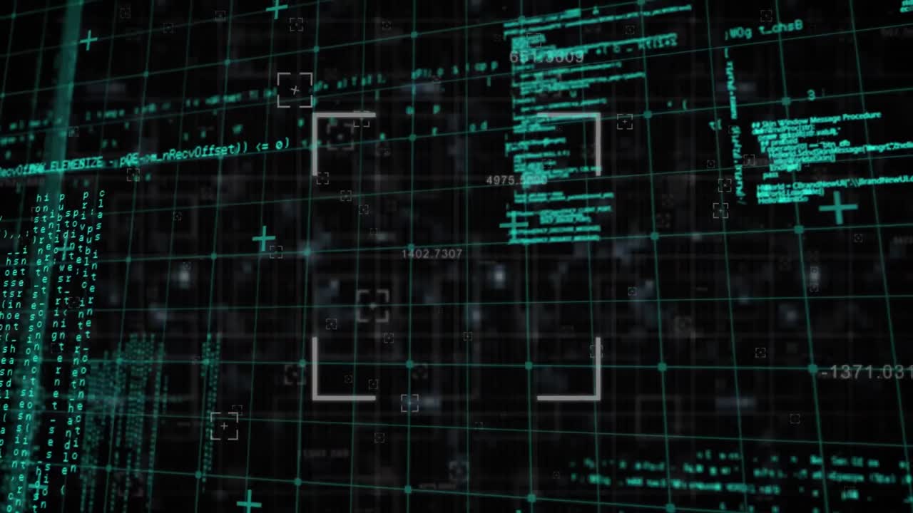 animación de la red de cuadrícula y escaneo de alcance sobre el procesamiento de datos contra un fondo negro