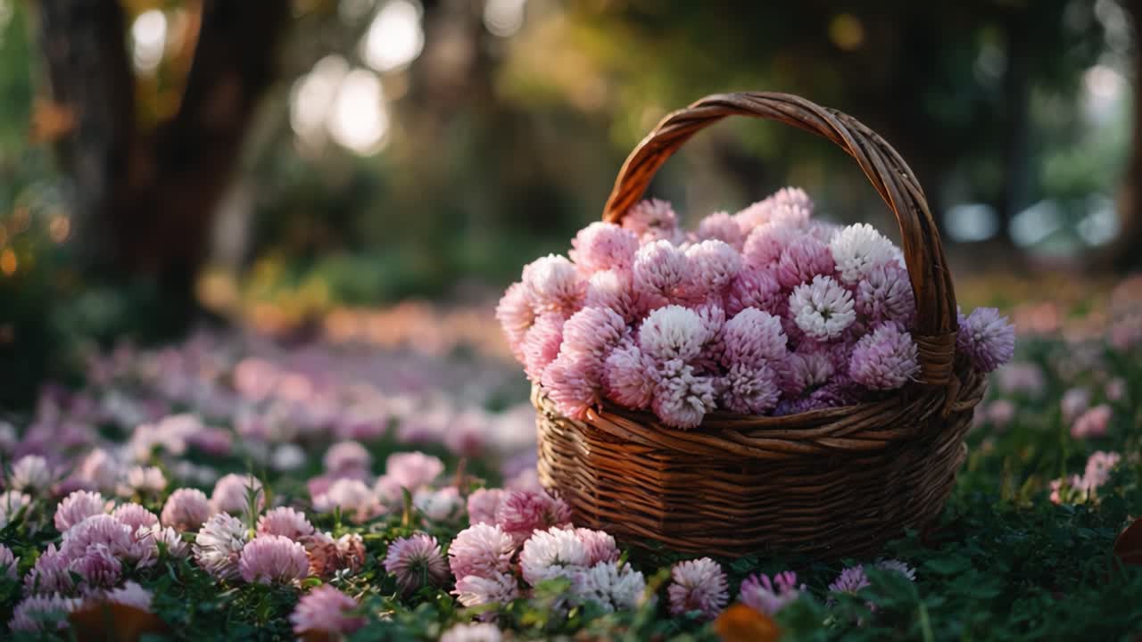 Ein wunderschöner Korb, gefüllt mit frischen rosa Blumen, inmitten einer ruhigen Gartenumgebung, der eine fesselnde Szene von natürlicher Fülle und Ruhe schafft.