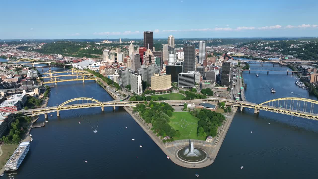 Aerial view of Pittsburgh's downtown skyline, iconic bridges, and Point State Park at the river confluence