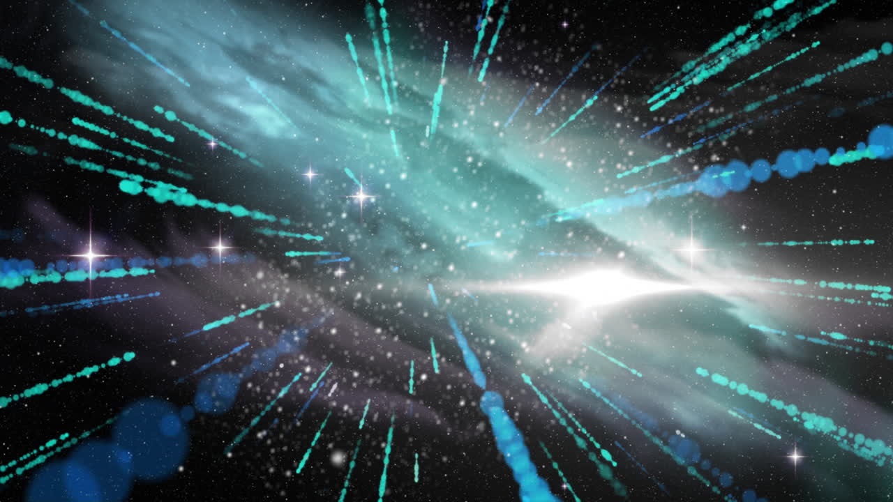 Animation of cosmic explosion with dynamic light streaks and stars in space